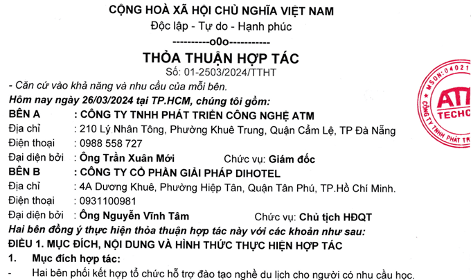 Thỏa thuận hợp tác giữa DiHotel và Công ty TNHH Phát triển công nghệ ATM
